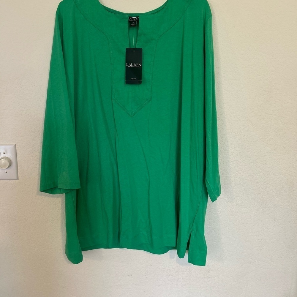 NWT Lauren Ralph Lauren Hampton Green 100% Cotton 3/4 Sleeve Top